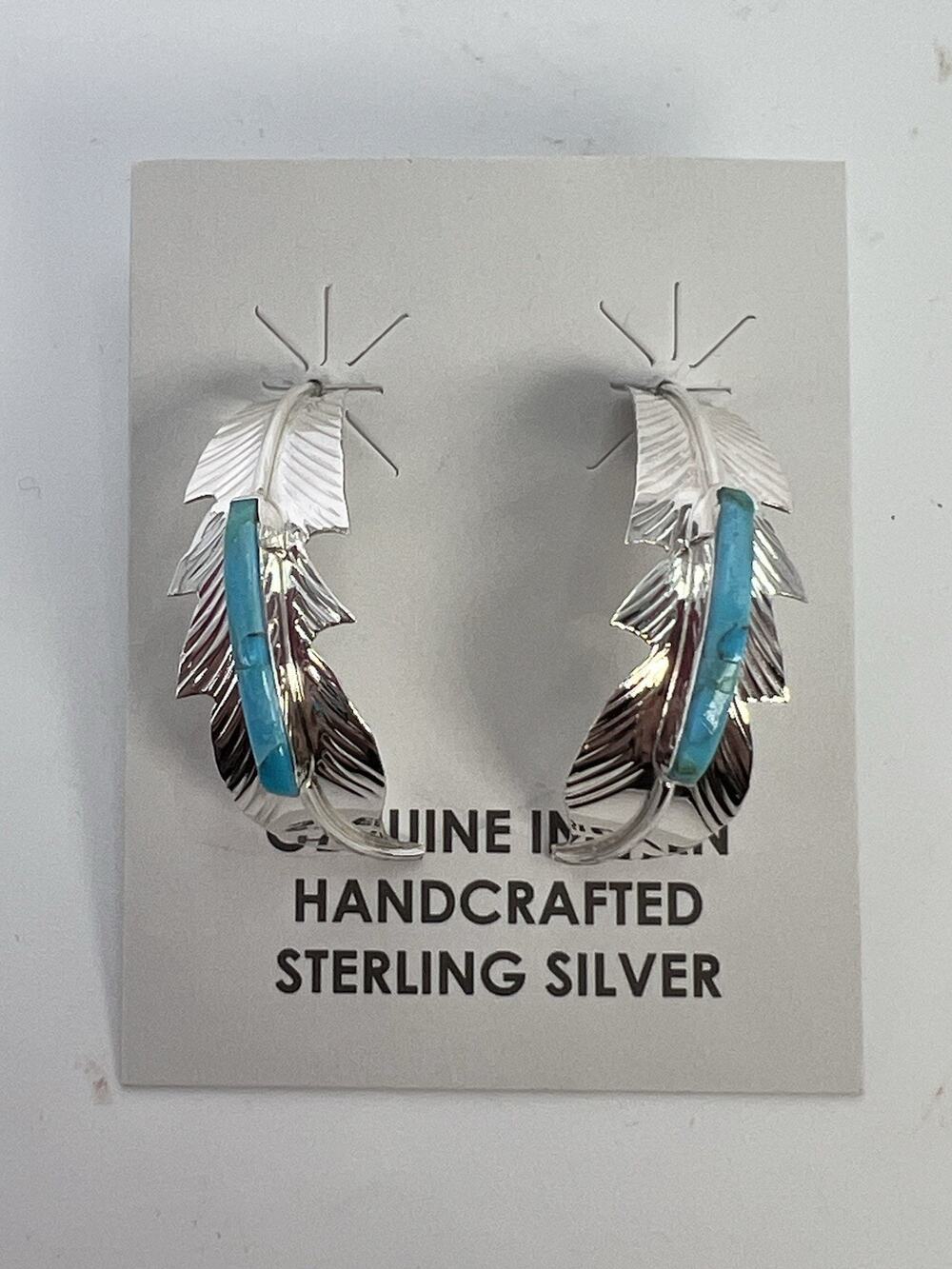 New Navajo Allen Barney Sterling Silver Turquoise 1/2 Hoop Earrings Signed 925